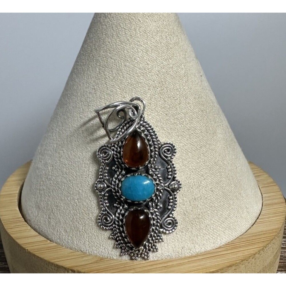 Handmade Bali Sterling Silver Baltic Amber And Turquoise Ornate Pendant 2”